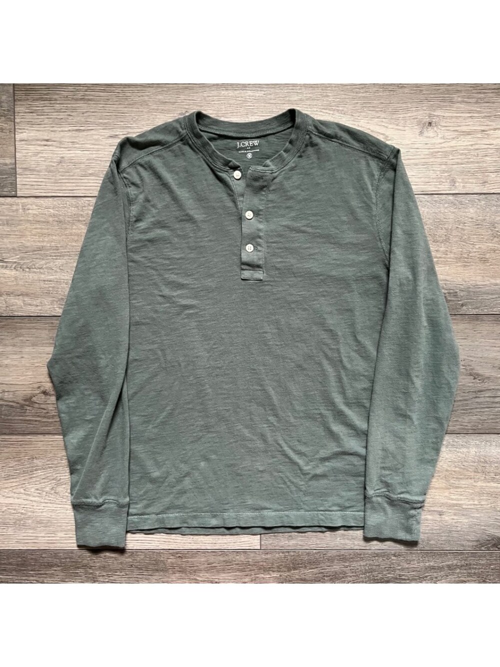 J.Crew Men's M Henley Long Sleeve Shirt Garment Dyed Green Slub Cotton